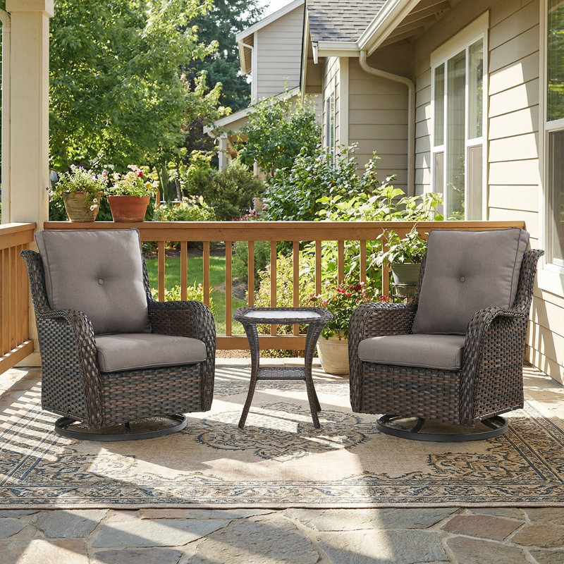 Chaises berçantes pivotantes pour l'extérieur, ensemble de patio en osier 3 pièces avec coussins épaissis, dossier haut, sièges profonds, accoudoirs larges, chaises pivotantes d'extérieur pour porche, terrasse