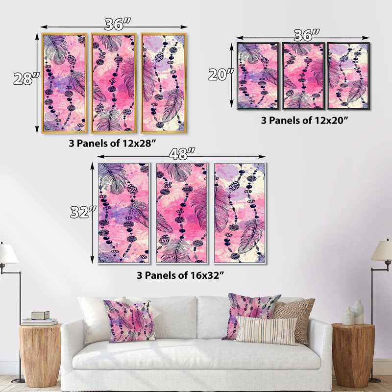 «Pink and Purple Boho Feathers», ensemble de 3 impressions sur toile à cadre flottant, H 28 po x l 36 po x P 1 po