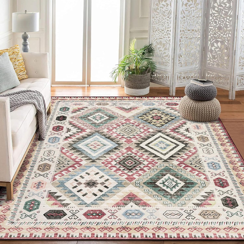 Area Rug Machine Washable Non-Slip Low Pile Geometric Print Pattern Western Easy-Cleaning Rug for Living Room Bedroom Nursery Entryway