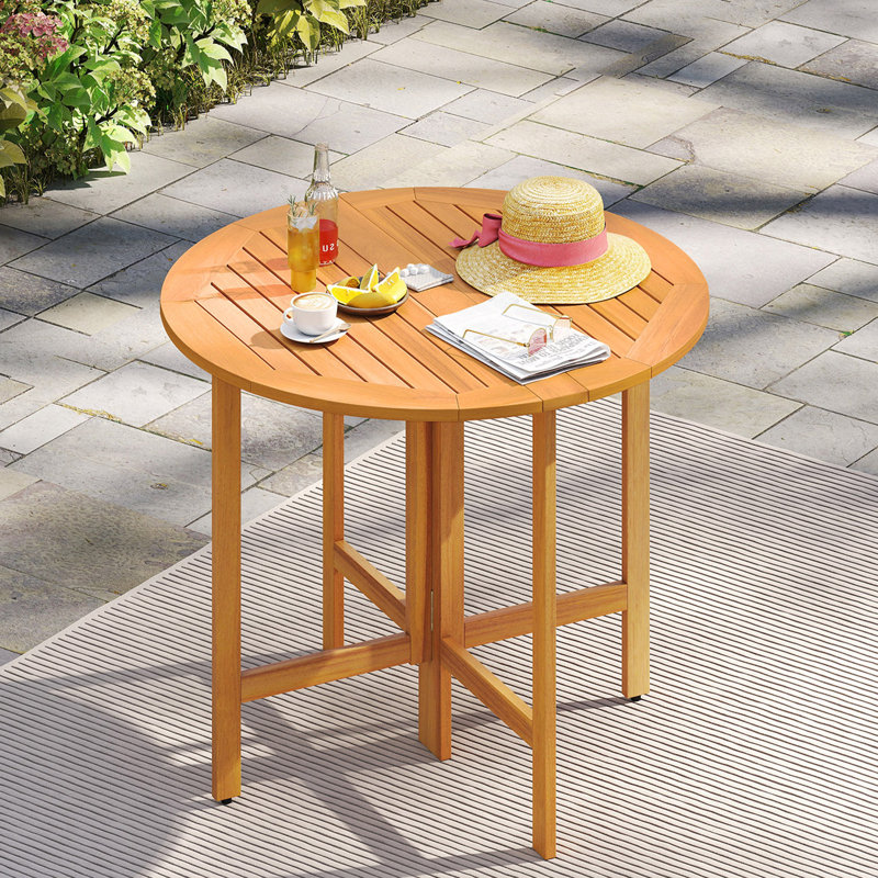 36" Outdoor Acacia Folding Round Dining Table with  Slatted Tabletop for Backyard, 1