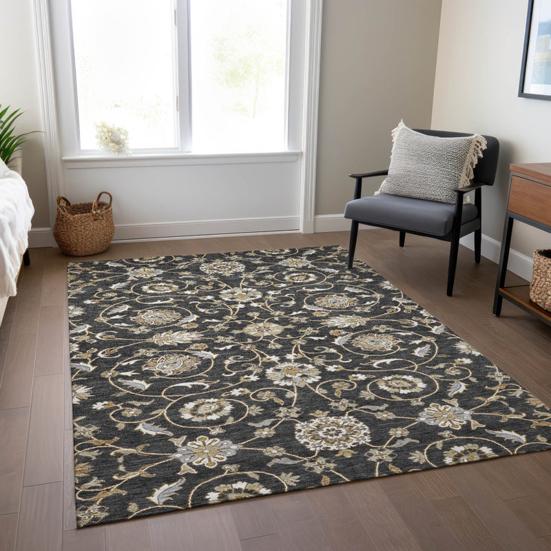 Black and Beige Rectangular Washable Synthetic Rug