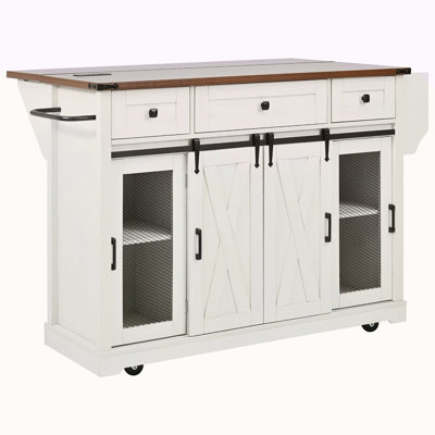 58" Farmhouse Kitchen Island With Storage, Sliding Barn Door & Metal Grid Side Door, Rolling Kitchen Island On 5 Wheels With Spice Rack, Glass Holders,Island Table With Drop Leaf For Kitchen