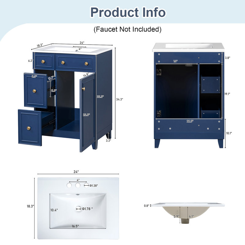 Armoire de meuble-lavabo moderne 24 "avec lavabo en céramique, Bleu
