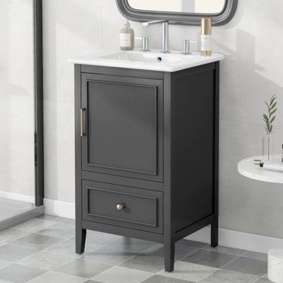 Meuble-lavabo de 20 po avec lavabo, armoire de salle de bain avec porte, tablette de porte et patins réglables, tiroir