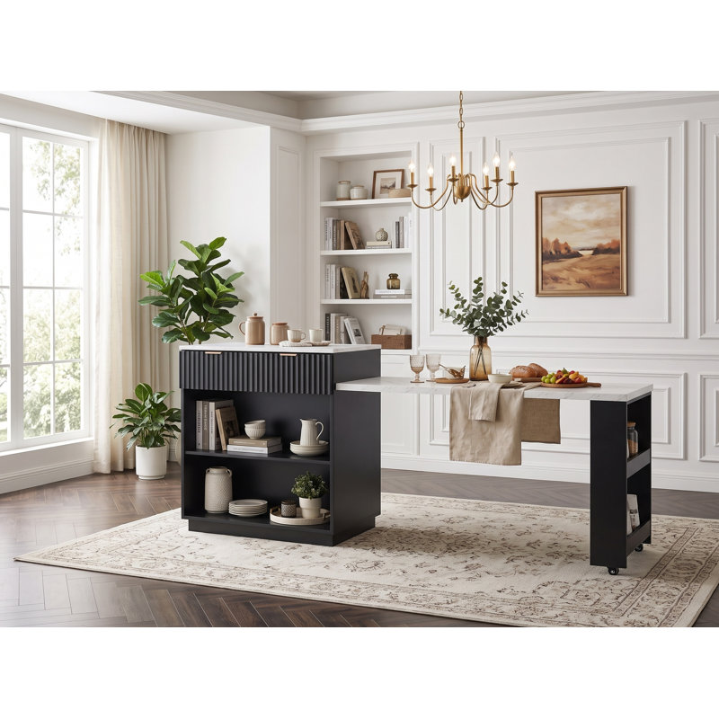 82.6" Fluted Kitchen Island With Extendable Dining Table & Storage For 2-6,Double Side Storage,Charging Station, Spice Racks For Dining Room