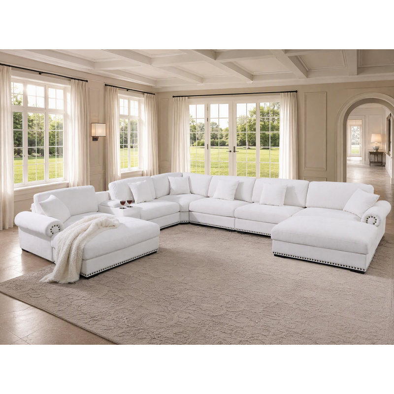 Canapé d'angle surdimensionné 8 places en chenille effet nuage avec deux poufs, deux porte-gobelets, rangements et ports USB