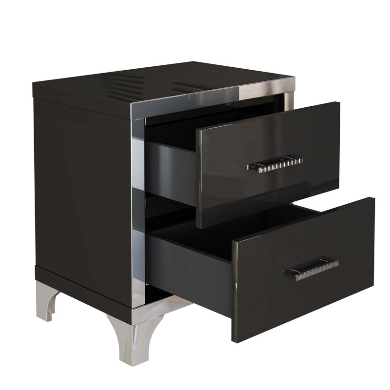 Élégante table de chevet ultrabrillante avec poignée en métal, table de chevet à miroir avec 2 tiroirs pour les chambres et les salons organisés