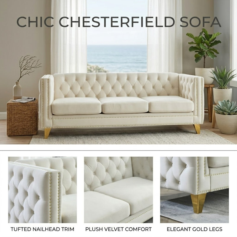 Amarillys 80.51'' Velvet Sofa, Beige Velvet