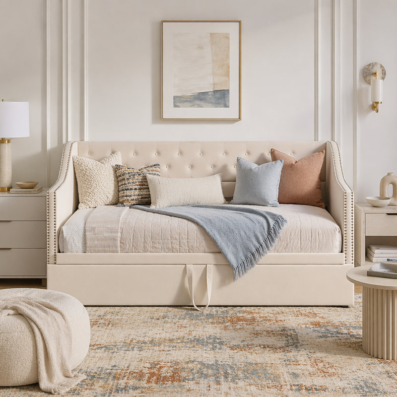 Upholstered daybed with Pop Up Trundle, Beige