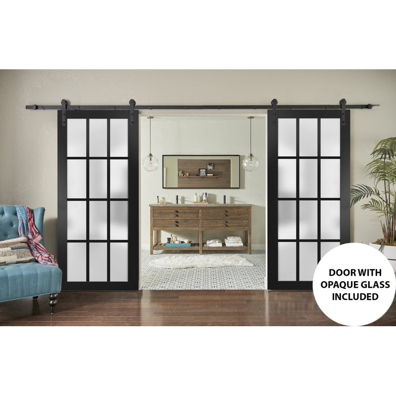 Felicia Frosted Glass Barn Black Doors, 60" x 96"