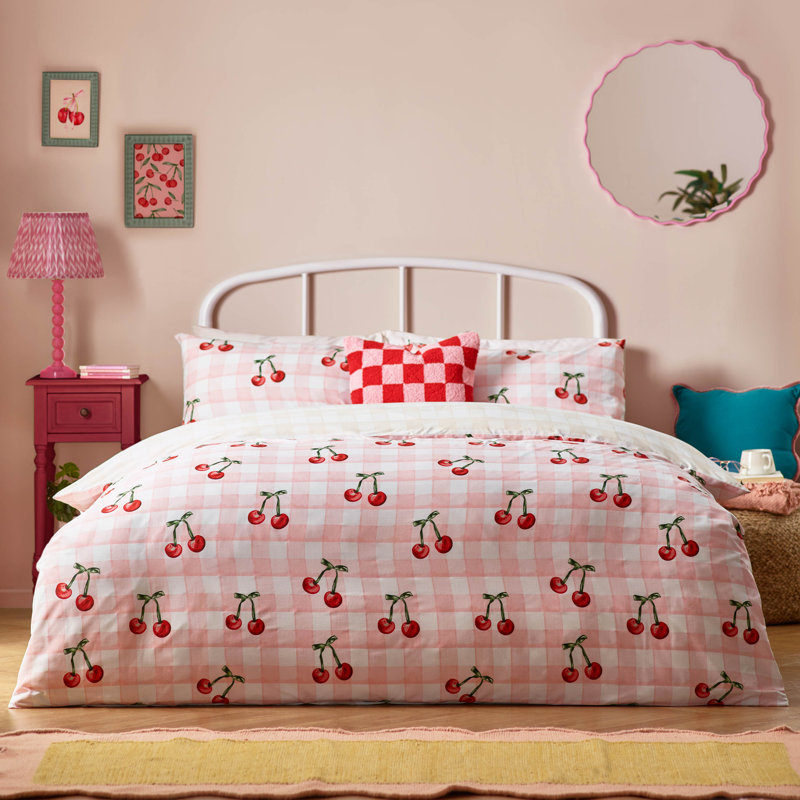 Cherry Gingham Bedding, Single Duvet Cover Set + 1 Pillowcase
