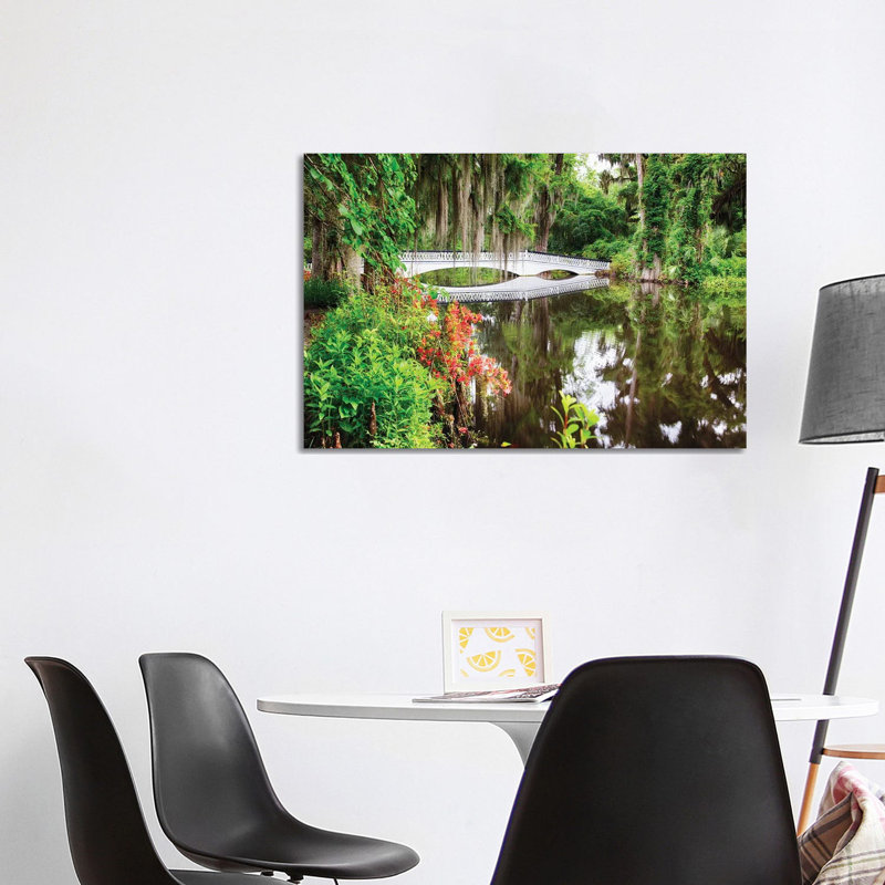 Little White Wooden Footbridge in a Lake, Magnolia Plantation, Charleston, South Carolina 1 Piece Wrapped Canvas Wall Art