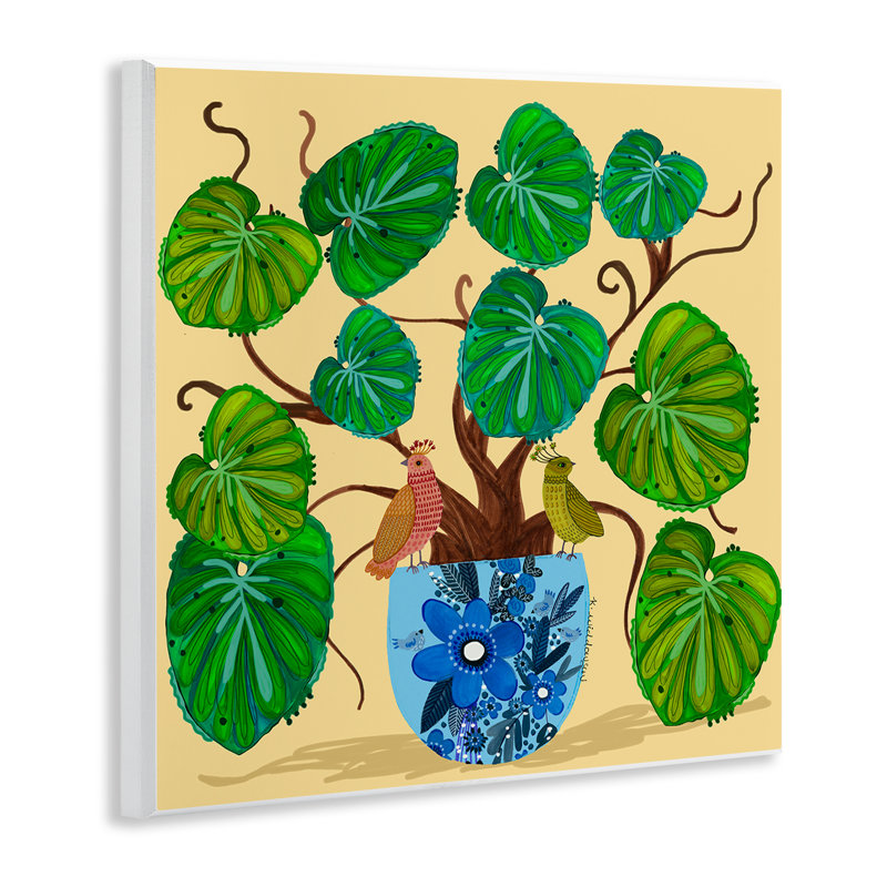Plaque murale avec plante et oiseaux en pot, design par Kay Widdowson