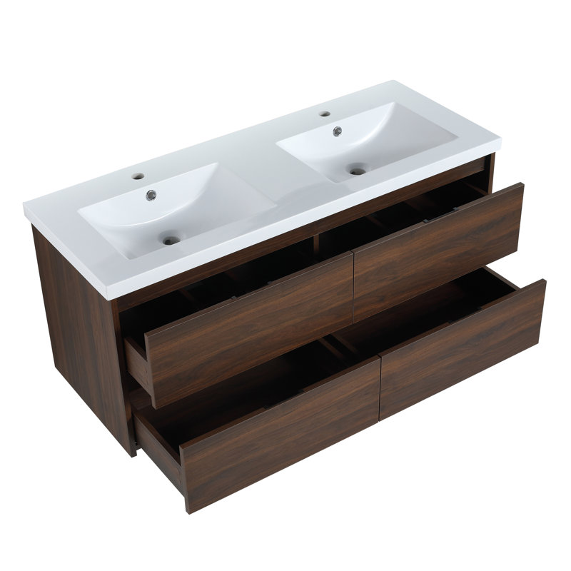 Paup 48" Wall Mounted Double Bathroom Vanity Set, Floating Bathroom Vanity with Resin Basin Sink Top, 4 Drawers, Walnut