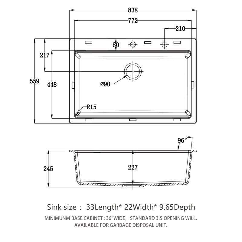 Quartz Kitchen Sink - 33X22" Black Granite Composite Workstation Drop-In Kitchen Sink, Black