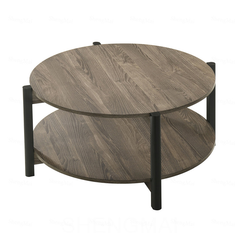 Table basse ronde avec pattes en métal, tablette inférieure ouverte et finition gris foncé, mobilier de salon, Dark Grey