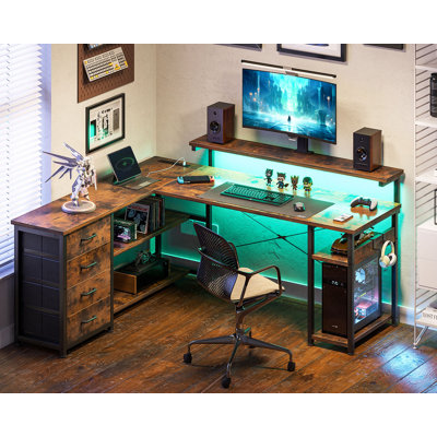 Hudson L-shaped Desk With Drawers, Computer Desk With Power Outlets & Led Lights, Reversible Corner Desk With Monitor Shelf, Home Office Workstation With Open Shelves & Storage, Gaming Desk With Durable And Stable Construction