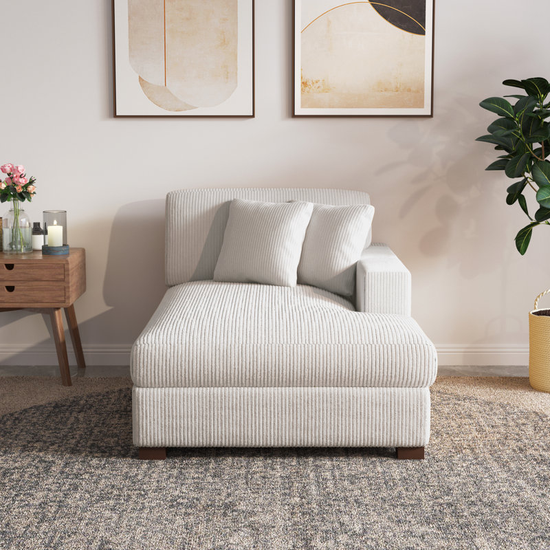 Milbrey Oversized Upholstered Chaise Lounge with Armrests & Throw Pillows, Corduroy, Beige, Right Hand Facing
