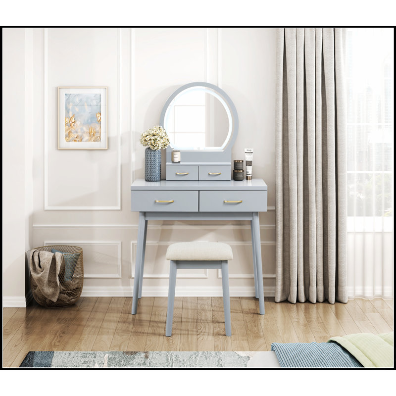 Luxury Vanity Dresser With LED Mirror And Stool, Ample Storage Drawers For Elegance And Organization, Gray