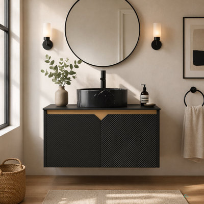 Meuble-lavabo 30 po, meuble de rangement mural en contreplaqué flottant, portes doubles en sergé avec garniture en métal, vasque ronde en céramique avec plateau en pierre Sinte