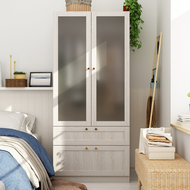 70.9”H Modern Wood‑Grain Armoire Wardrobe with Frosted Glass Doors, Hanging Rod & 2 Large Drawers