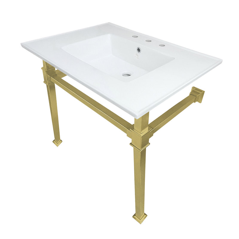 Lavabo de salle de bain console rectangulaire en céramique avec trop-plein Monarch, Blanc / laiton brossé, Centres de 8 po