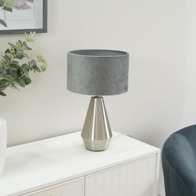 Jax Metal Dimmable Touch Table Lamp with Velvet Drum Shade with LED Bulb, Silver, Grey