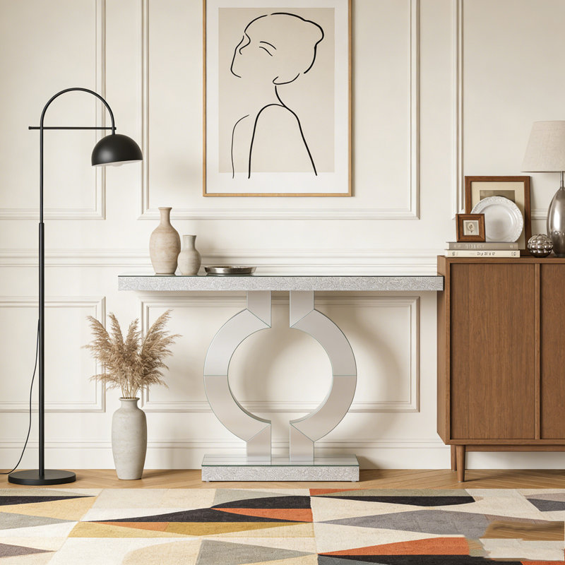Mirrored Console Table Modern Sofa Table with O-Shaped Base, Silver