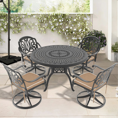 5-Piece All-Weather Cast Aluminum Dining Set, Include 4 Swivel Chairs And Round Table With Black Frame