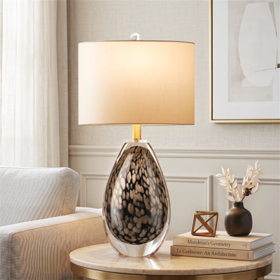Hand Blown Art Glass Table Lamp, 24" Teardrop Speckled Glass Bedside Lamp with Beige Fabric Shade & Gold Metal Base