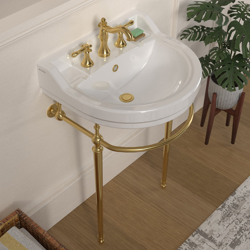 22in Console Sink With Semi-Circular Bowl, Solid Brass Leg Supports, Backsplash, Overflow and Front Towel Bar.