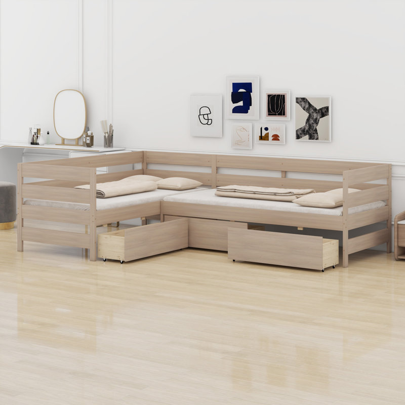 Lit plateforme en L avec tiroirs de rangement, Naturel