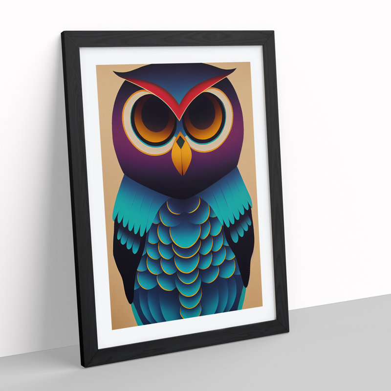 Colourful Owl No.5 Abstract - Single Picture Frame Print, Black, 64cm H x 46cm W x 2cm D