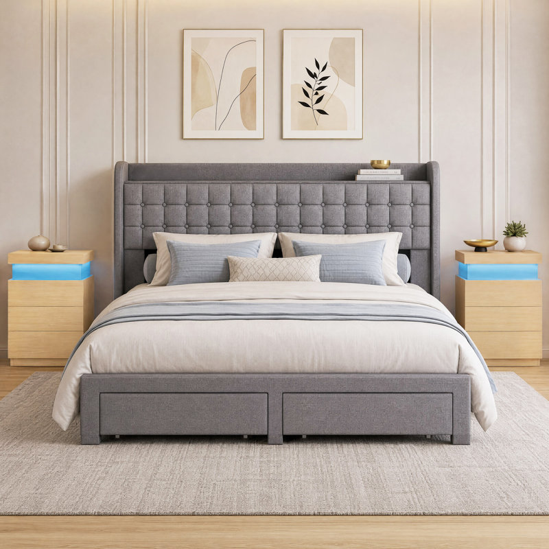 Ensemble de chambre à coucher tapissier Chrisha, Beige / Blanc, Très grand lit