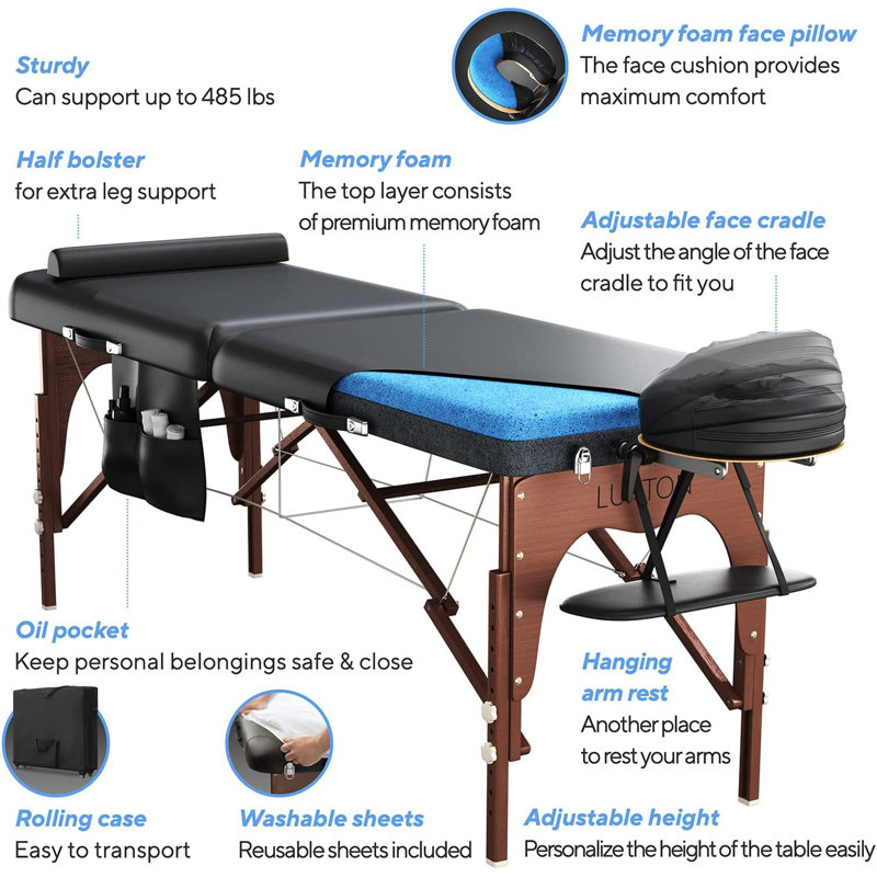 Luxton Premium Memory Foam Massage Table with Rolling Case, Washable Sheets, Thicker and Wider