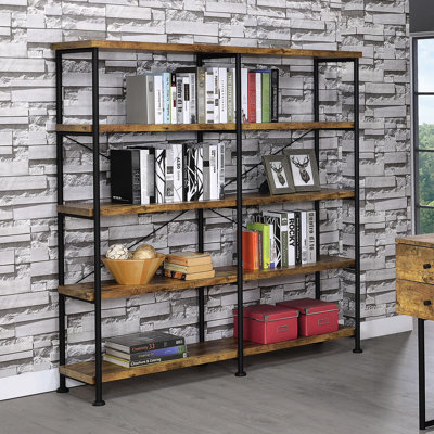 Antique Nutmeg And Black Bookcase For Offices, Rustic Stylish Storage 4-Shelf Bookcase, Style Home Offices