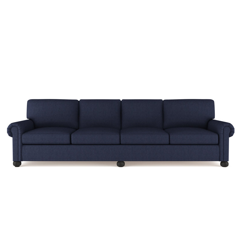 Leroy Rolled Panel-Arm Extra Long Sofa with Bun Feet, Ebony, Box Weave Linen Blanc, 36" H x 120" W x 43" D