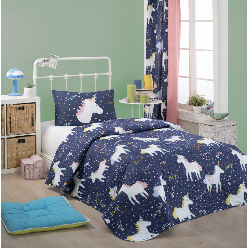 Elegant Single Quilted Bedspread Set, Dark Blue & White with Yellow Accents | 65% Cotton / 35% Polyester, 63 x 87 | Includes 1 Pillowcase 20 x 28 | Machine Washable, Soft 120 Thread Count, Stylish & Cozy Design