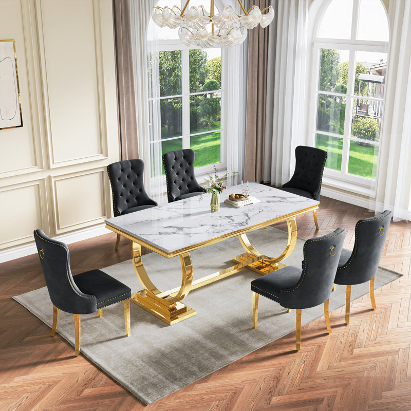 Rectangular 70.1"L X 35"W Dining Set, Noir et or, Blanc / Doré, 7 pièces : table, 6 chaises