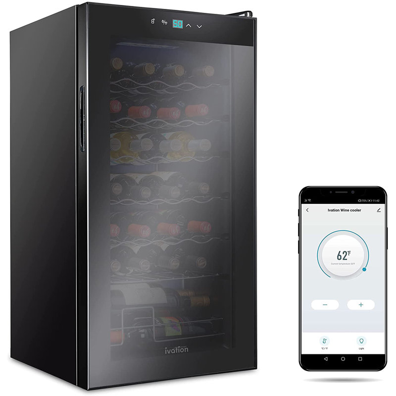 Réfrigérateur à vin avec compresseur à 28 bouteilles Ivation avec système de refroidissement Wi-Fi Smart App Control | Grand réfrigérateur à vin autoportant pour champagne rouge blanc ou mousseux, porte et serrure en verre noir