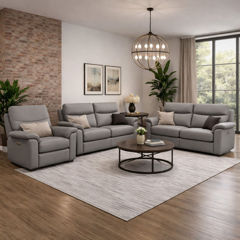 Alessandrina Real Leather Power Recliner 3 + 2 + 1 Sofa Set with USB Charging, Slate