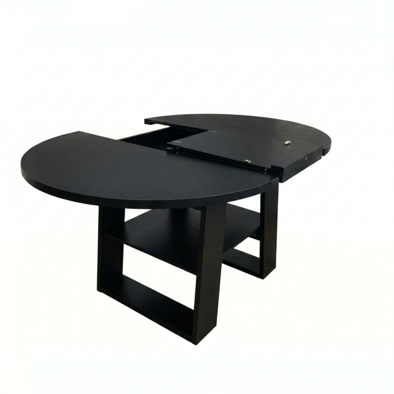 Table de salle à manger ronde extensible avec rallonge rabattable intégrée, Noir