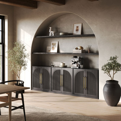 Set of 3 Ranlo Modular Cabinet with Double-Arc Wood Doors - Ebony