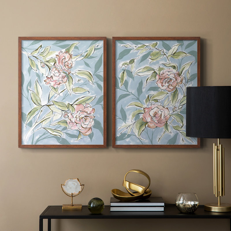 Impression encadrée «I-Premium Camellias» délavée - prête à être accrochée - aucun clou requis - aucun clou requis, Noyer