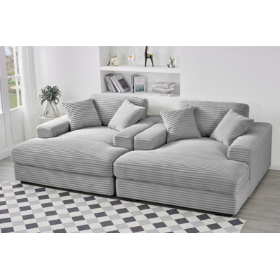 Upholstered Corduroy Solid Wood Sofa Chaise With 4 Pillows