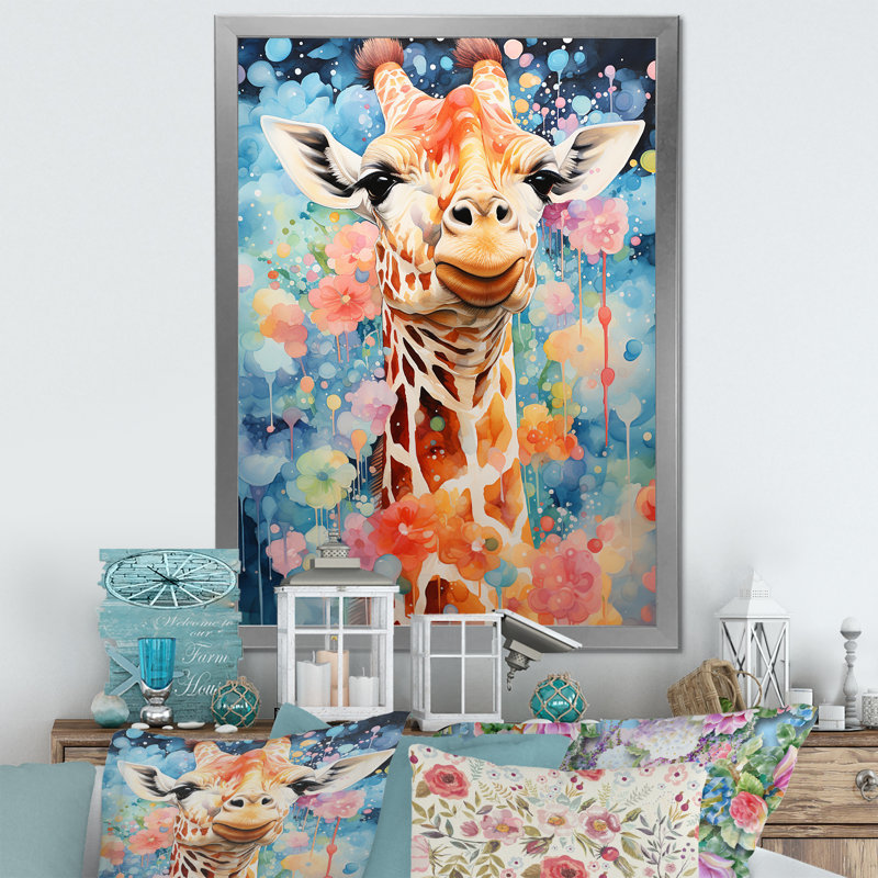 «Pop Art Giraffe Portrait I», reproduction sur toile, Cadre simple argenté, H 44 po x l 34 po x P 1,5 po