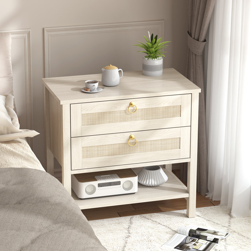 Rattan Nightstand With 2 Drawers | 26.7” Bedroom End Table | Large Capacity Storage | Water-resistant Wood & Rattan | Light Beige Bedside Organizer