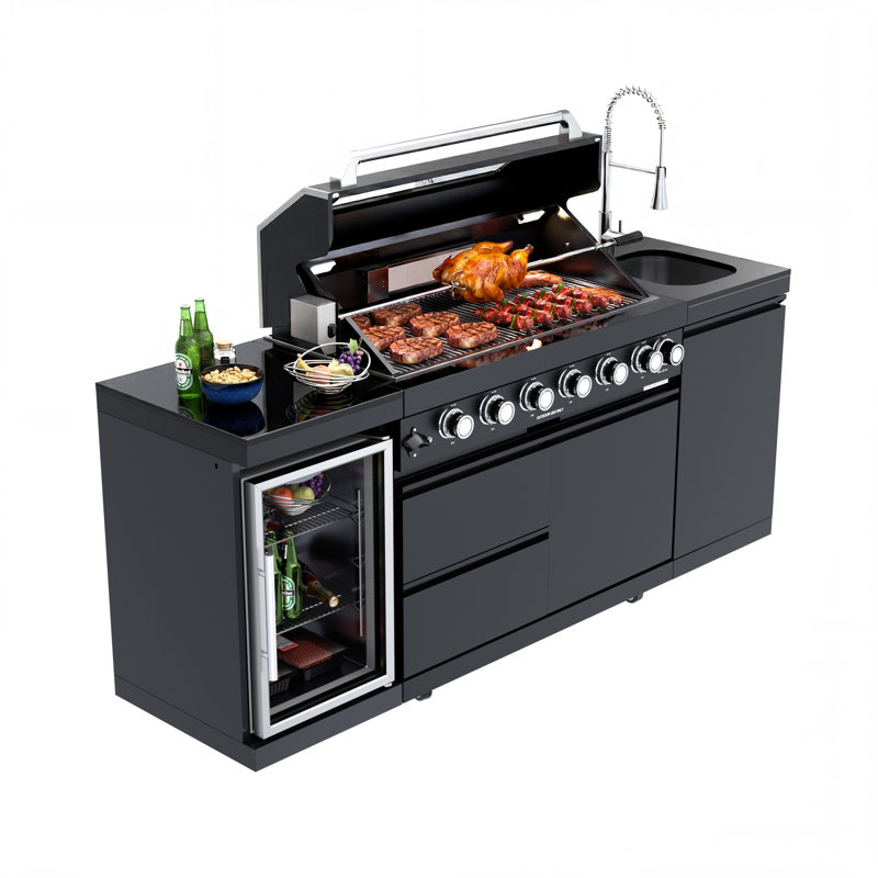 Îlot de barbecue au propane de 82 po à 6 brûleurs avec rôtissoire, réfrigérateur et évier pour l'extérieur en acier inoxydable