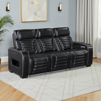 Eshan 84" Modern & Contemporary Top Grain Leather Power Double Reclining Sofa with Drop-Down Center Table, Air Massage, Heat, LED Reading Lights & Wireless Charging
