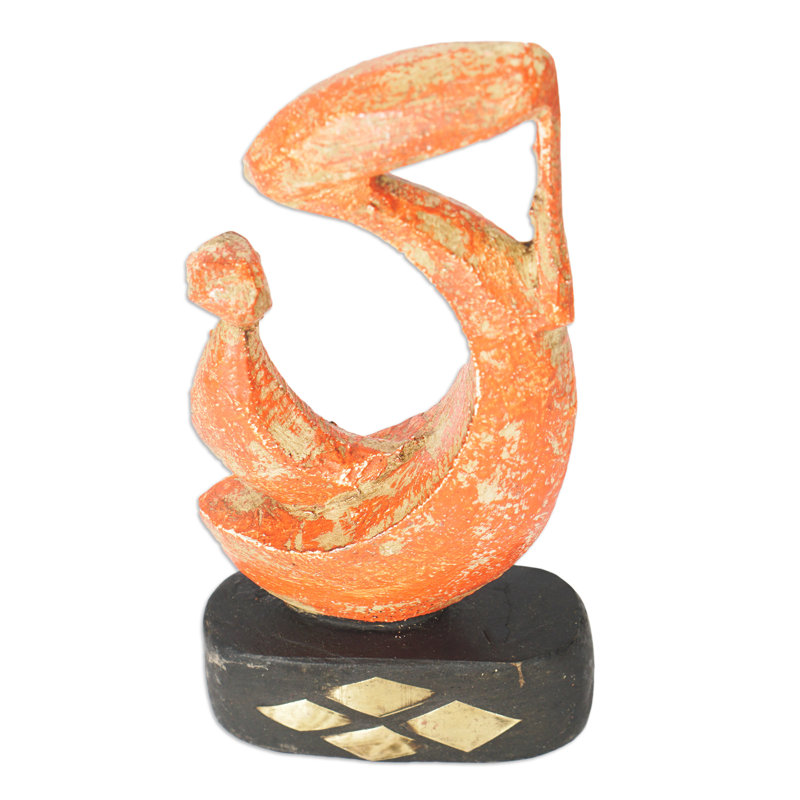 Hand-Painted Orange and Black Wood Sculpture with Brass Accents